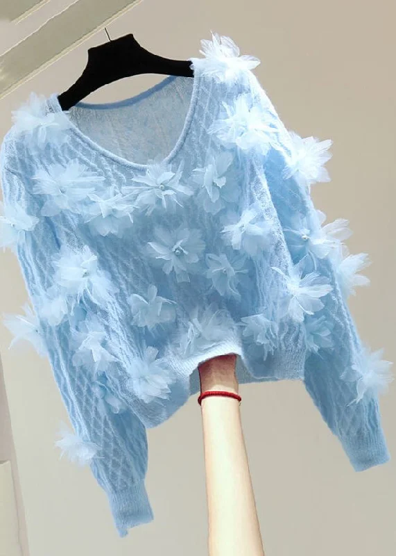 Blue Nail Bead Cotton Knit Sweater Long Sleeve