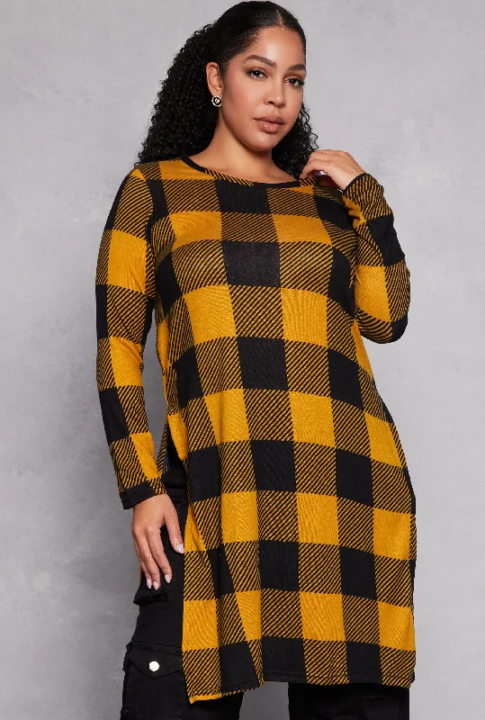 Plus Size Buffalo Plaid Side Slit Tunic Top