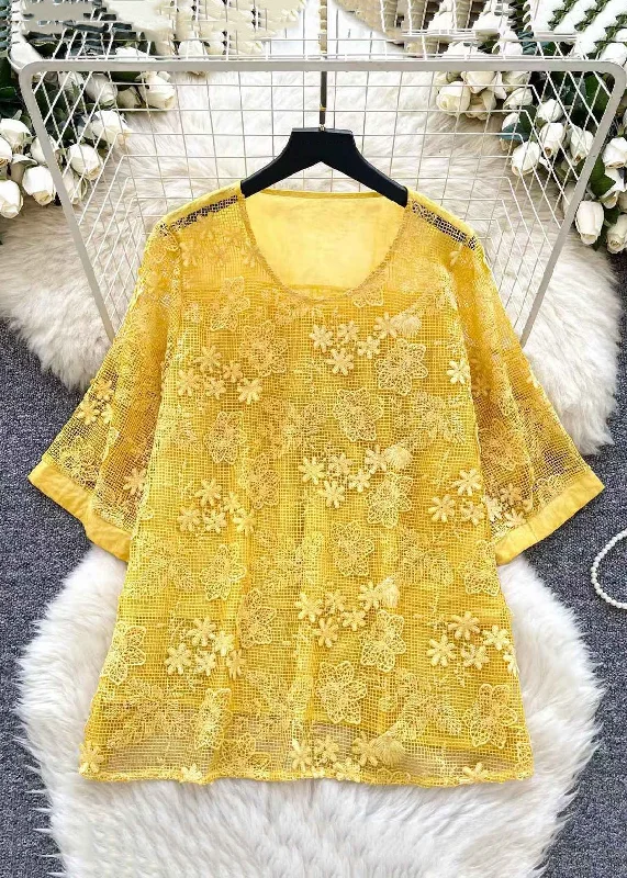 Women Yellow Embroidered Hollow Out Solid T Shirts Summer