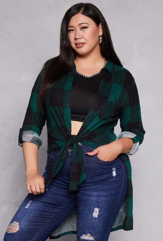 Plus Size Plaid Tie Front High Low Top