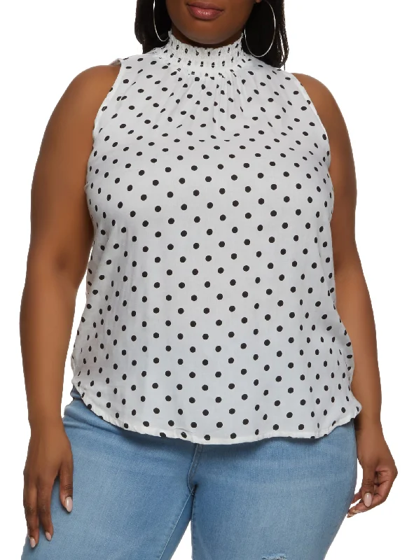 Plus Size Polka Dot Smocked Mock Neck Blouse