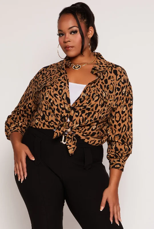 Plus Size Animal Print Button Front Blouse