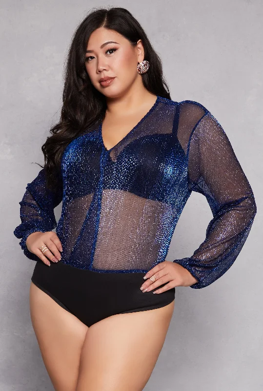 Plus Size Lurex Surplice Bubble Sleeve Bodysuit