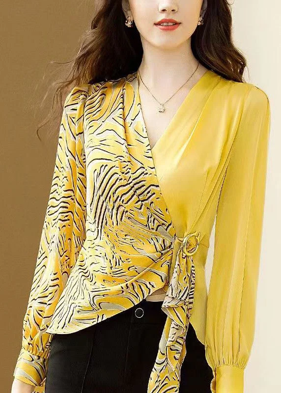 Women Yellow V Neck Asymmetrical Print Chiffon Tops Spring