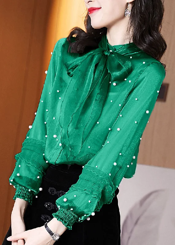 French Green Bow Nail Bead Chiffon Blouses Spring