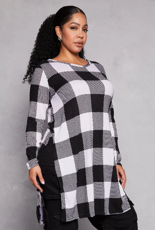 Plus Size Buffalo Plaid Side Slit Tunic Top