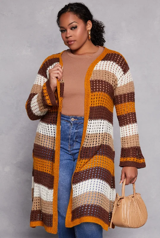 Plus Size Striped Crochet Open Front Duster