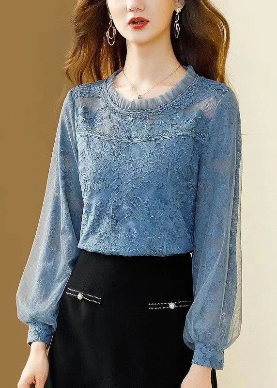 Slim Fit Blue Ruffled Button Lace Shirt Spring