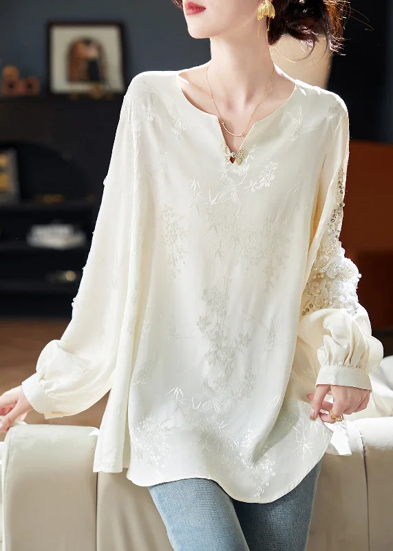 Style White Nail Bead Jacquard Chiffon Blouses Spring