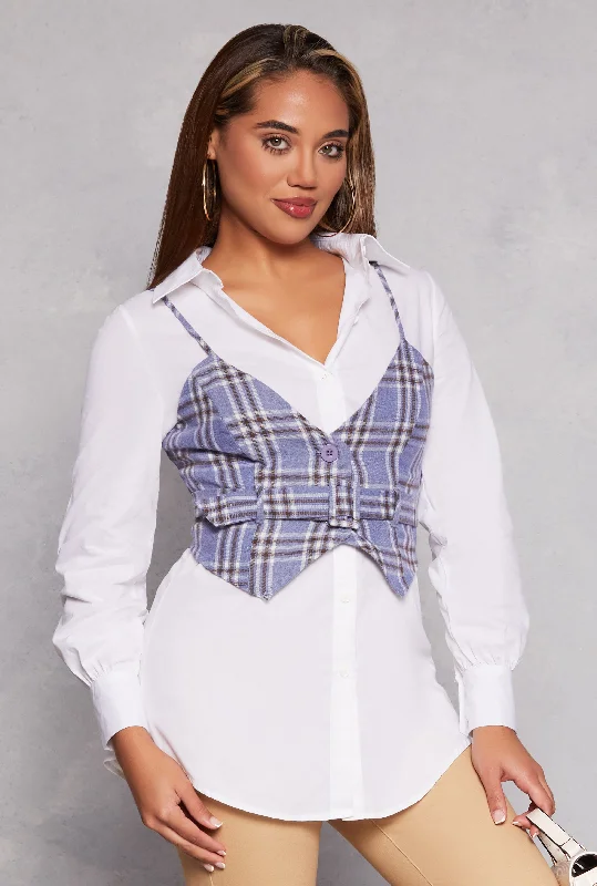 Haute Monde Long Sleeve Shirt with Plaid Vest