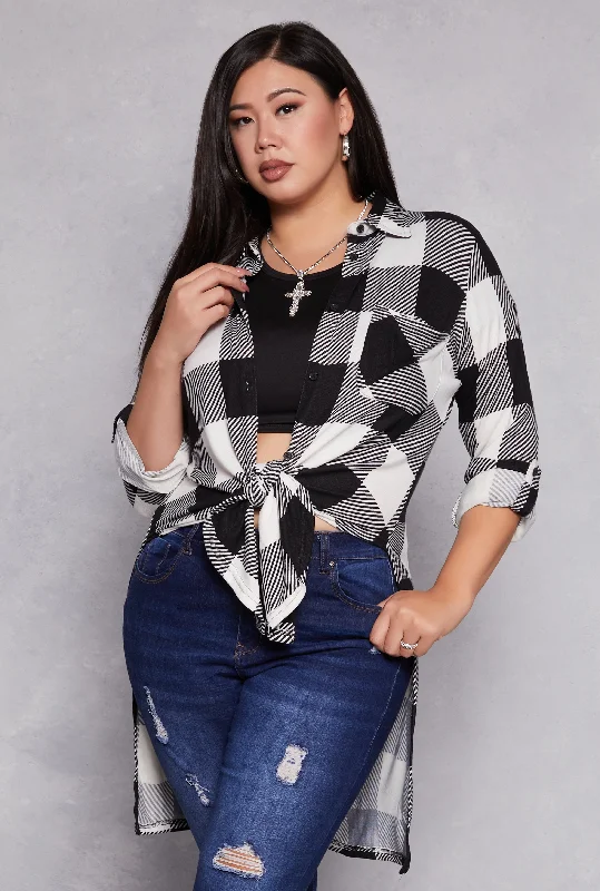 Plus Size Plaid Tie Front High Low Top