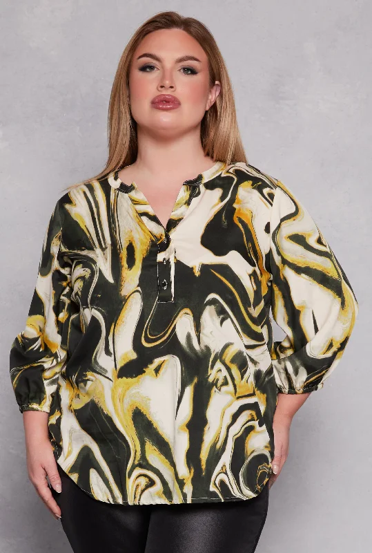 Plus Size Swirl Marble Print Blouse