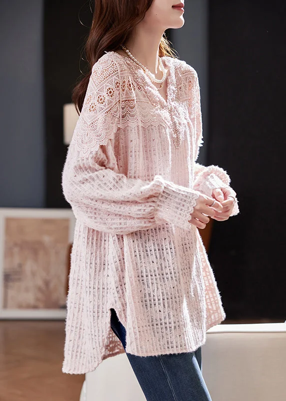 Elegant Pink Nail Bead Hollow Out Lace Shirt Spring