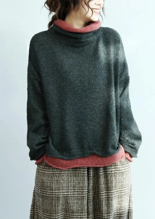 Comfy Long Sleeve High Neck Knitted Top Oversize Gray Knit Sweat Tops