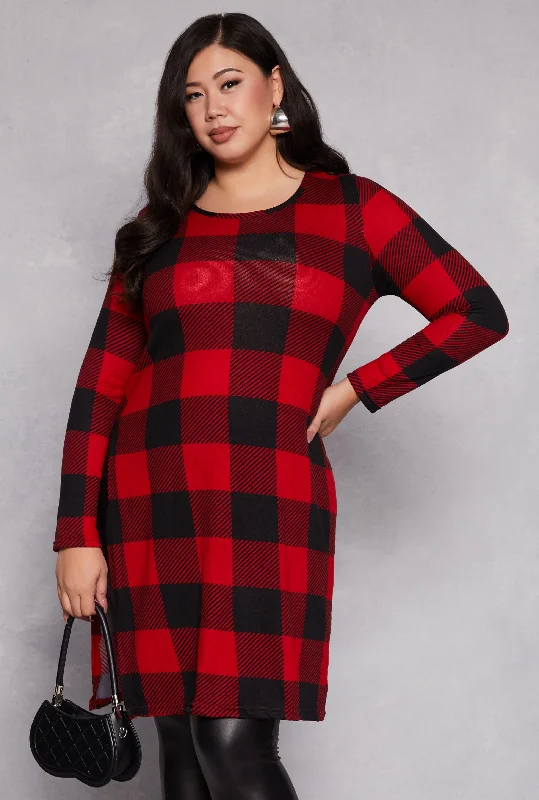 Plus Size Buffalo Plaid Side Slit Tunic Top