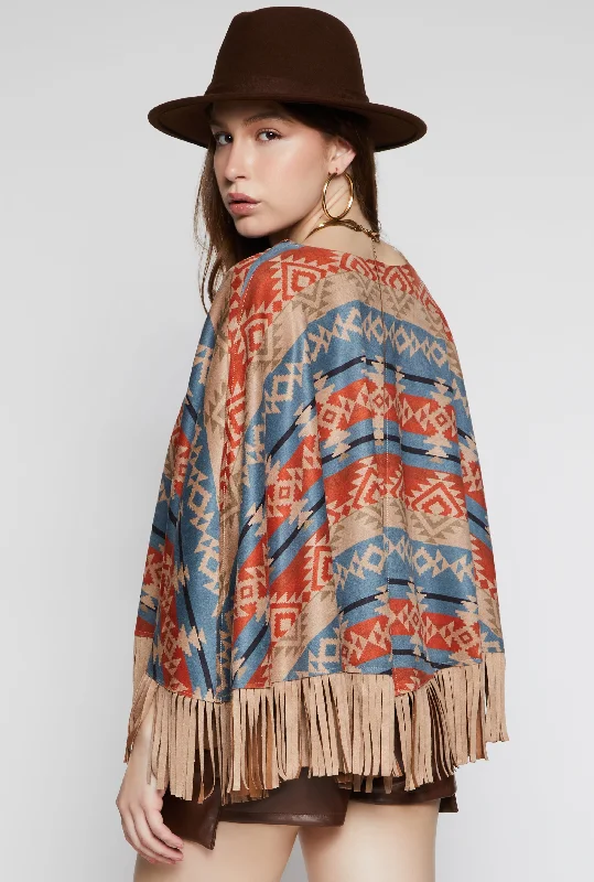 Aztec Print Fringe Poncho