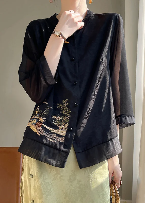 Loose Black Embroidered Button Silk Shirts Bracelet Sleeve