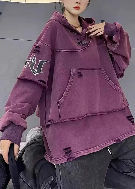 Style Purple Hooded Pockets Patchwork Cotton Sweatshirts Top Fall