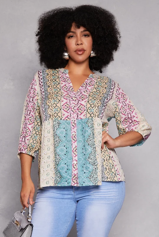 Plus Size Border Print Boho Top