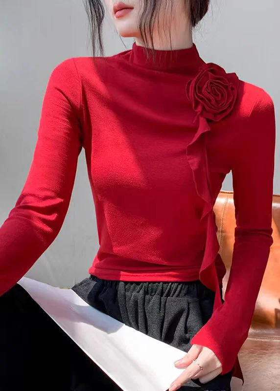 Slim Fit Red Turtleneck Rose Tassel Top Fall