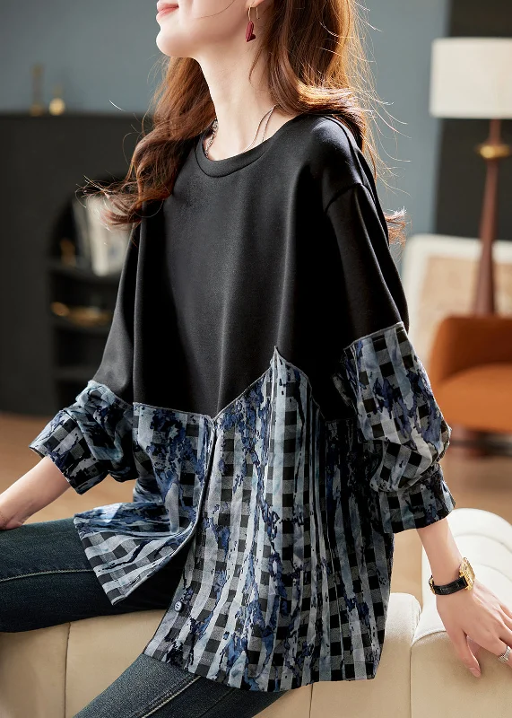 Loose Black O Neck Plaid Patchwork Cotton Tops Spring