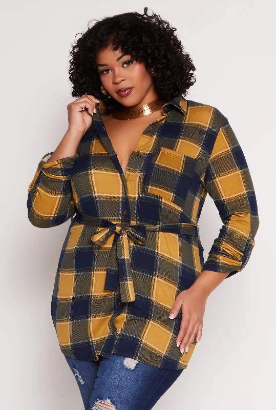 Plus Size Plaid Tie Waist Belted Shirt