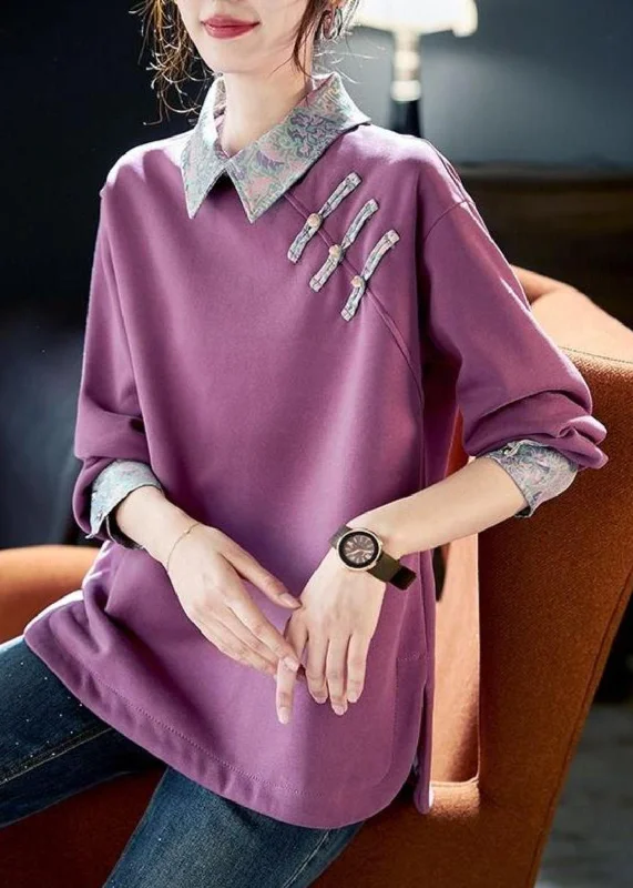 Women Purple Peter Pan Collar Patchwork Cotton Sweatshirts Spring