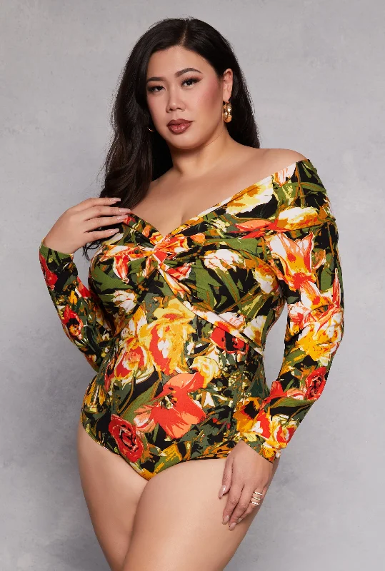 Plus Size Patterned Twist Front Bodysuit