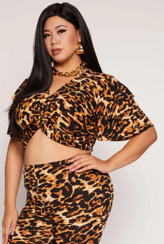 Plus Size Tiered Sleeve Twist Front Crop Top