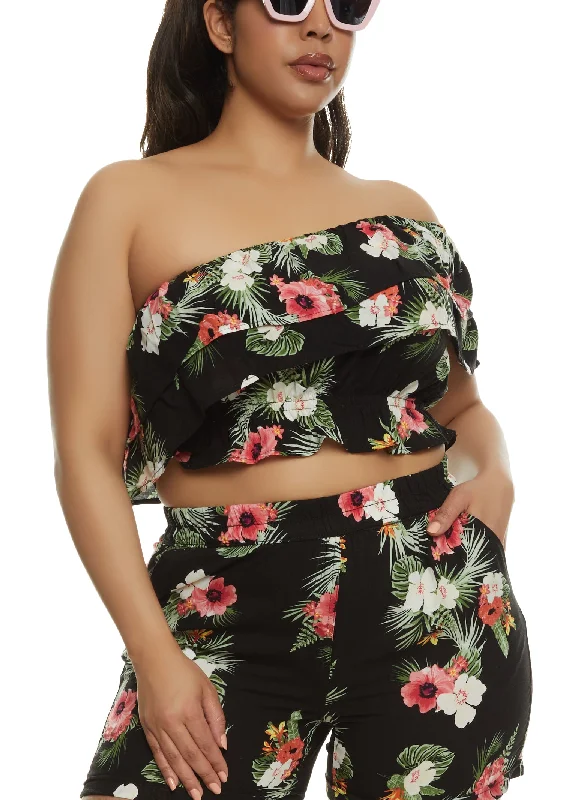 Plus Size Tropical Floral Print One Shoulder Top