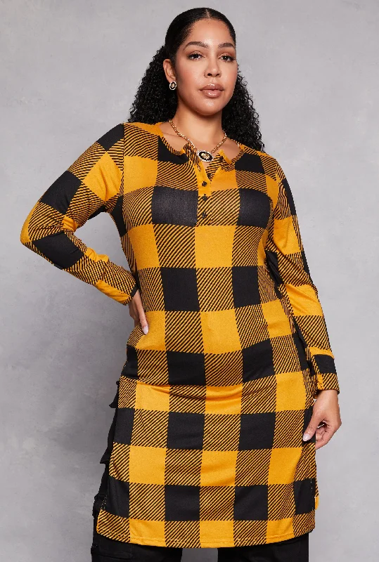 Plus Size Buffalo Plaid Henley Tunic Top