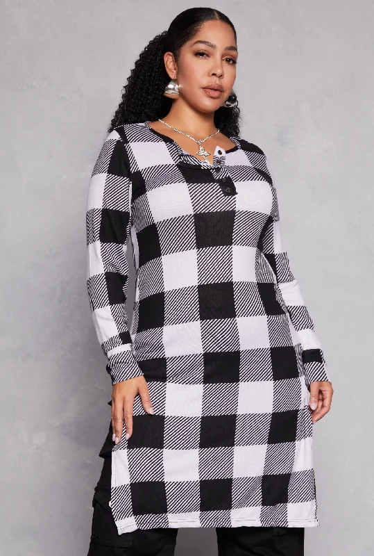 Plus Size Buffalo Plaid Henley Tunic Top