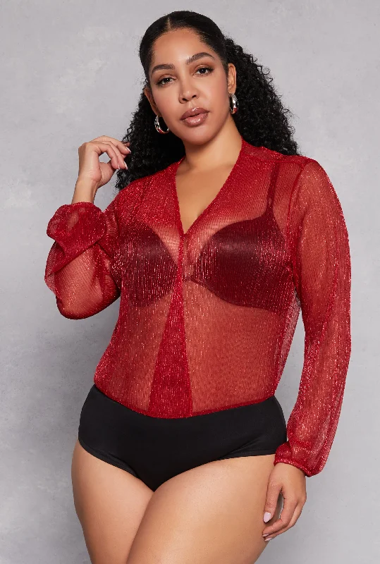 Plus Size Lurex Surplice Bubble Sleeve Bodysuit