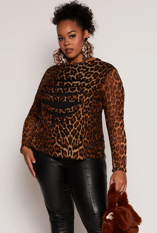 Plus Size Slashed Leopard Print Mesh Top