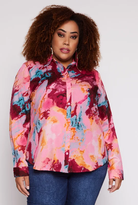 Plus Size Marble Print Button Front Shirt