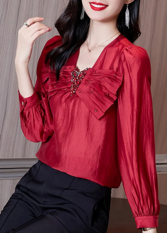 Stylish Red V Neck Bow Zircon Chiffon Shirts Spring