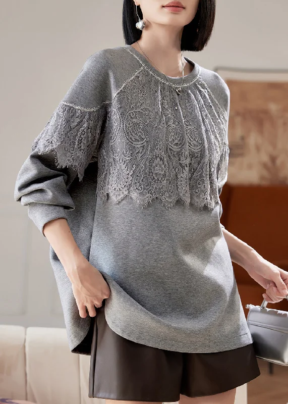 Women Grey O Neck Lace Patchwork Cotton Sweatshirts Spring