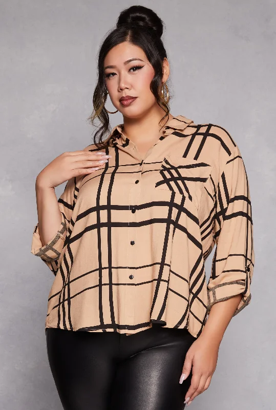 Plus Size Plaid Tabbed Sleeve Shirt