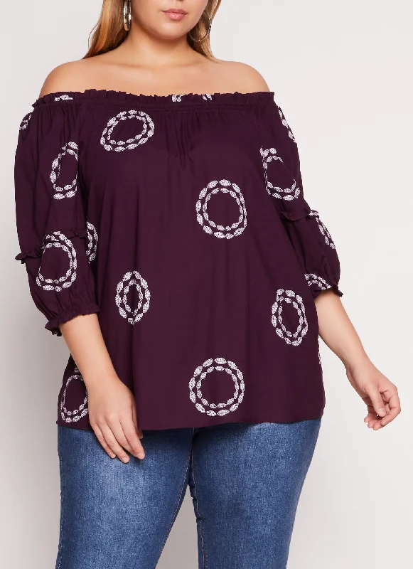 Plus Size Printed Off The Shoulder Puff Sleeve Blouse