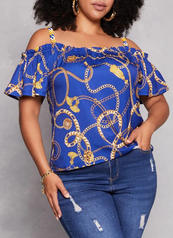 Plus Size Patterned Cold Shoulder Blouse