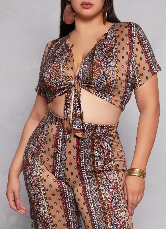 Plus Size Border Print Tie Front Shirt