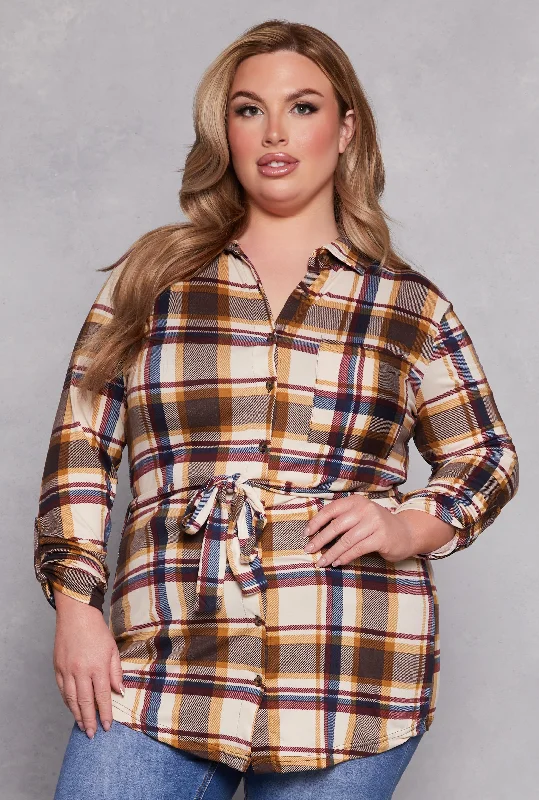 Plus Size Plaid Tie Waist Belted Shirt