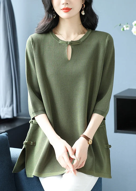 Women Green O Neck Oriental Button Ice Silk Knit Top Spring