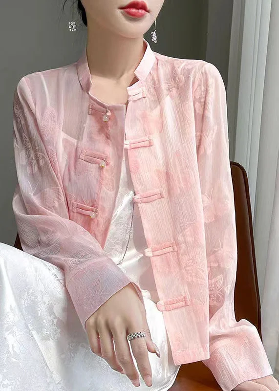 Art Pink Butterfly Button Silk Blouse Fall