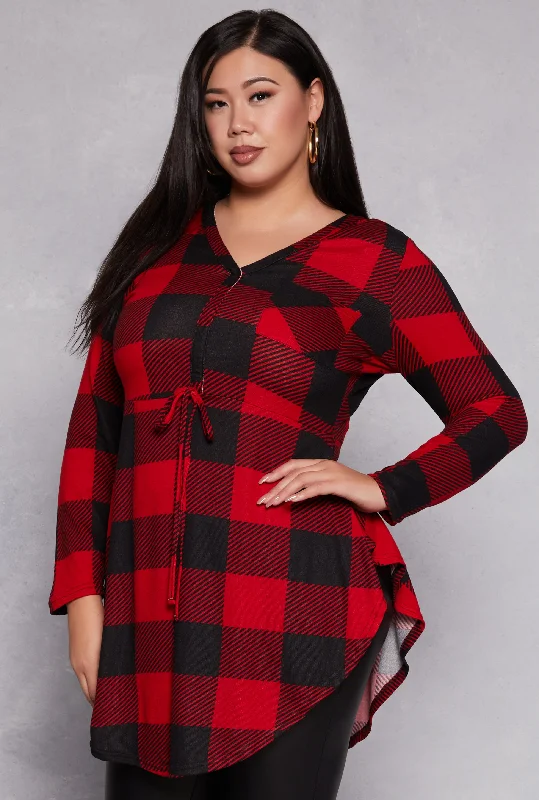 Plus Size Plaid V Neck Tunic Top