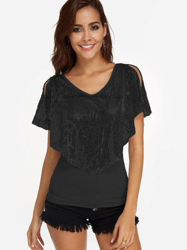 Custom V-Neck Cold Shoulder Sequins Embellished Short Sleeve Black Top