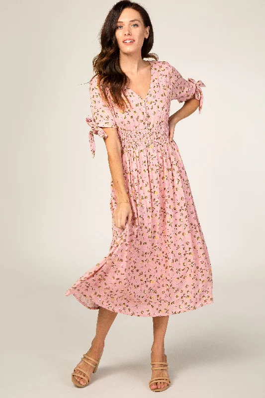 Pink Floral Tie Sleeve Midi Dress