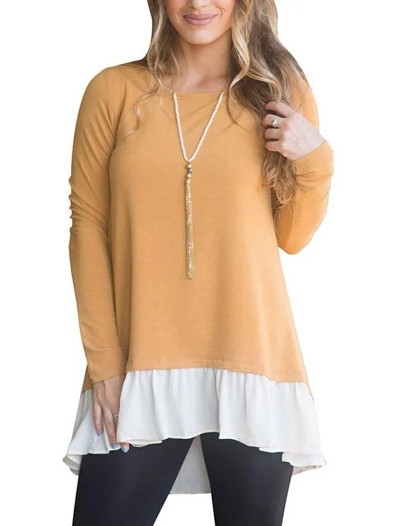 Custom Round Neck Plain Long Sleeve Flounced Hem Yellow T-Shirts