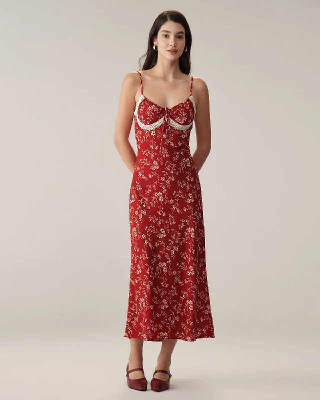 Red Floral Ruched Slip Midi Dress