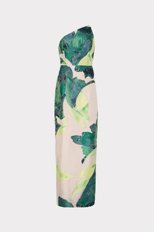 Asymetrical Tropical Forest Jacquard Midi Dress